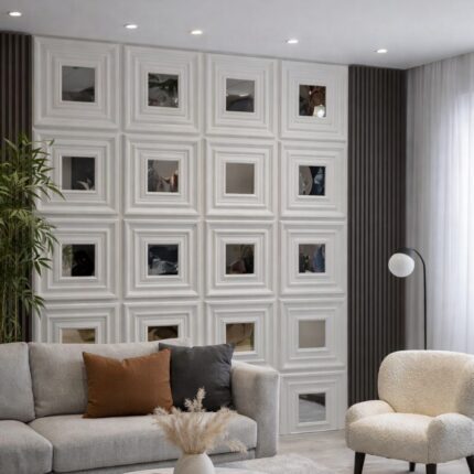 3D Aynalı Duvar Paneli Lüks Kare Çıta Model Beyaz Renk 50x50cm